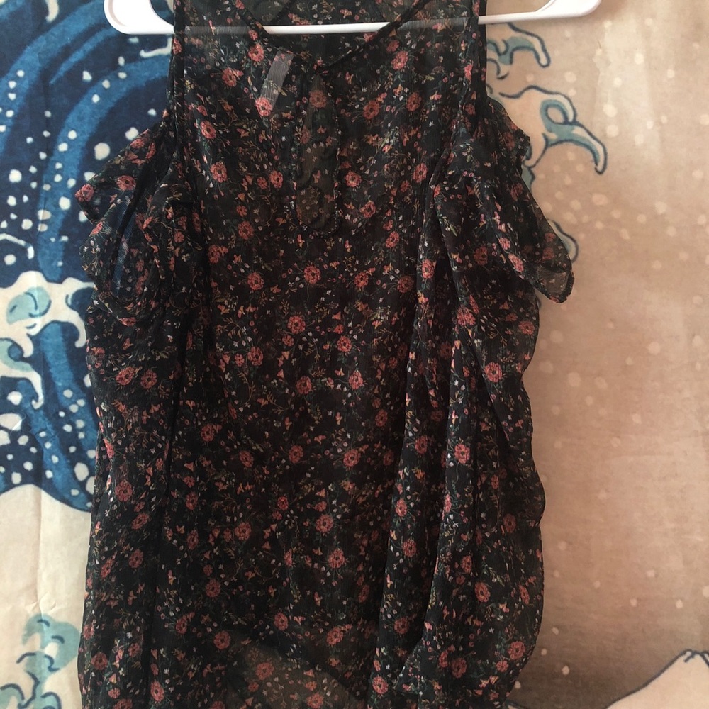Sheer Floral Blouse, Cut Out Shoulders Long Sleeve